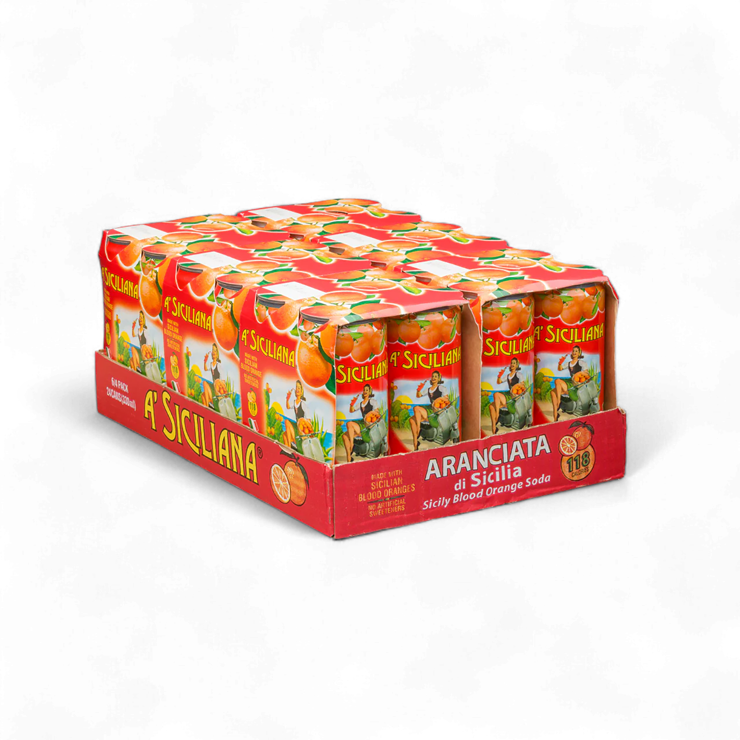 Pack of Sicilian orange soda cans with colorful packaging on a white background