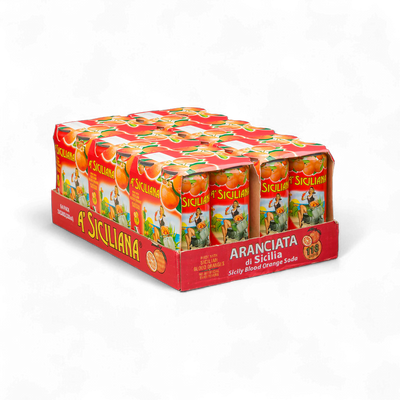 Pack of Sicilian orange soda cans with colorful packaging on a white background