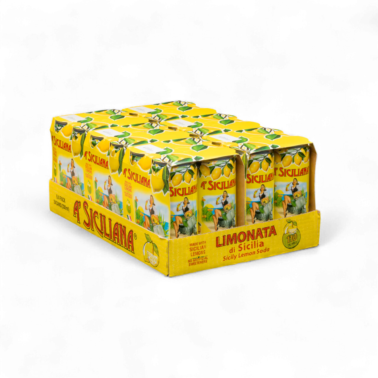 Pack of A Siciliana Limonata drinks in yellow packaging on a white background