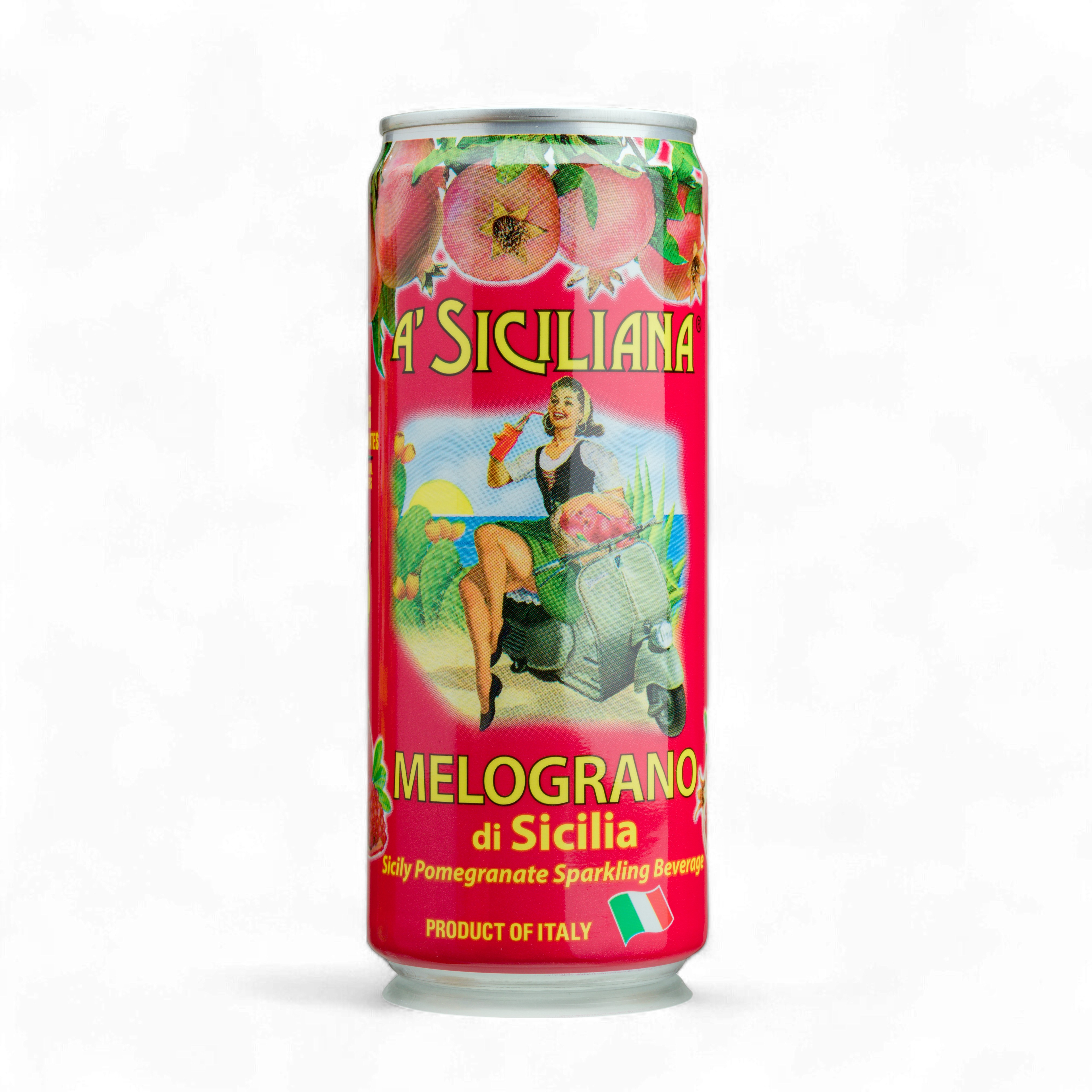 Cans of A Siciliana Melograno di Sicilia sparkling beverage on a white background