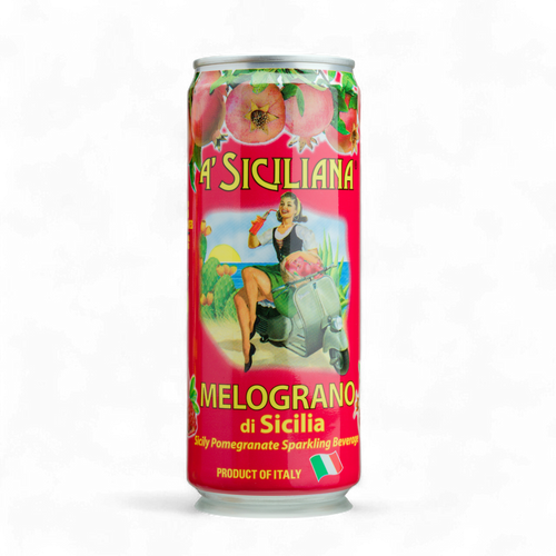 Cans of A Siciliana Melograno di Sicilia sparkling beverage on a white background
