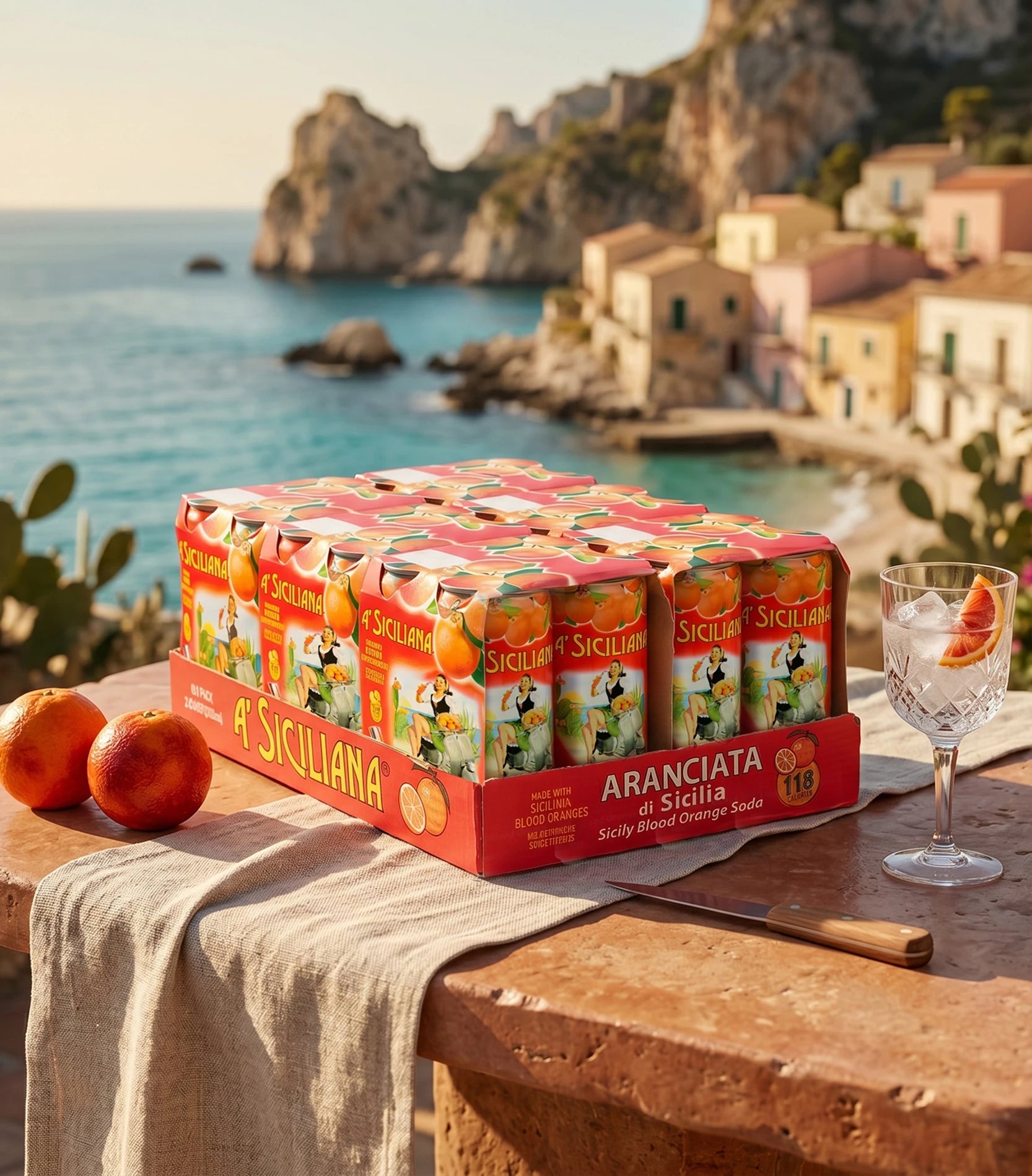 Pack of Sicilian orange soda cans with colorful packaging on a white background